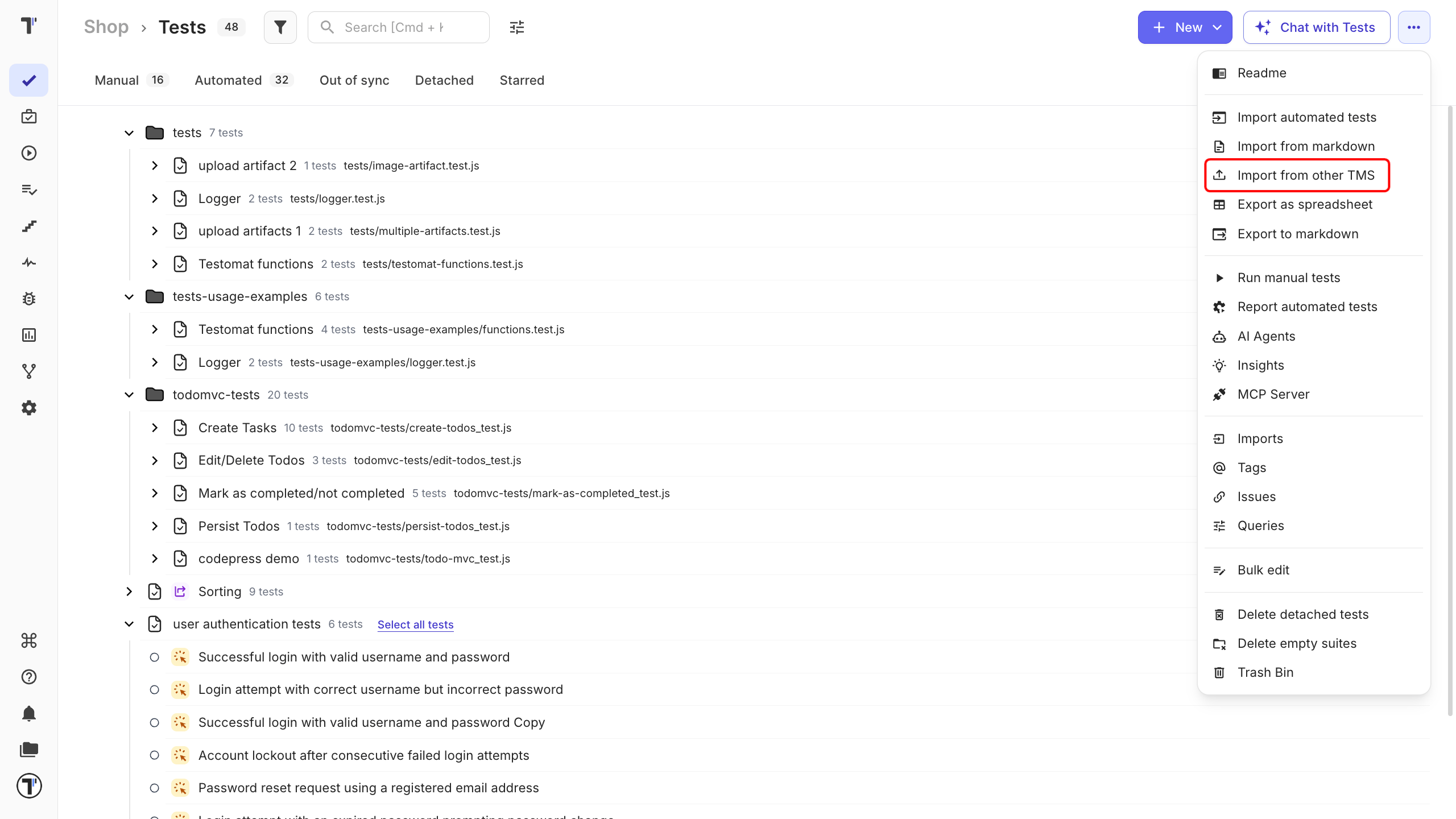 The Import from other TMS button on the Tests tab of a new project